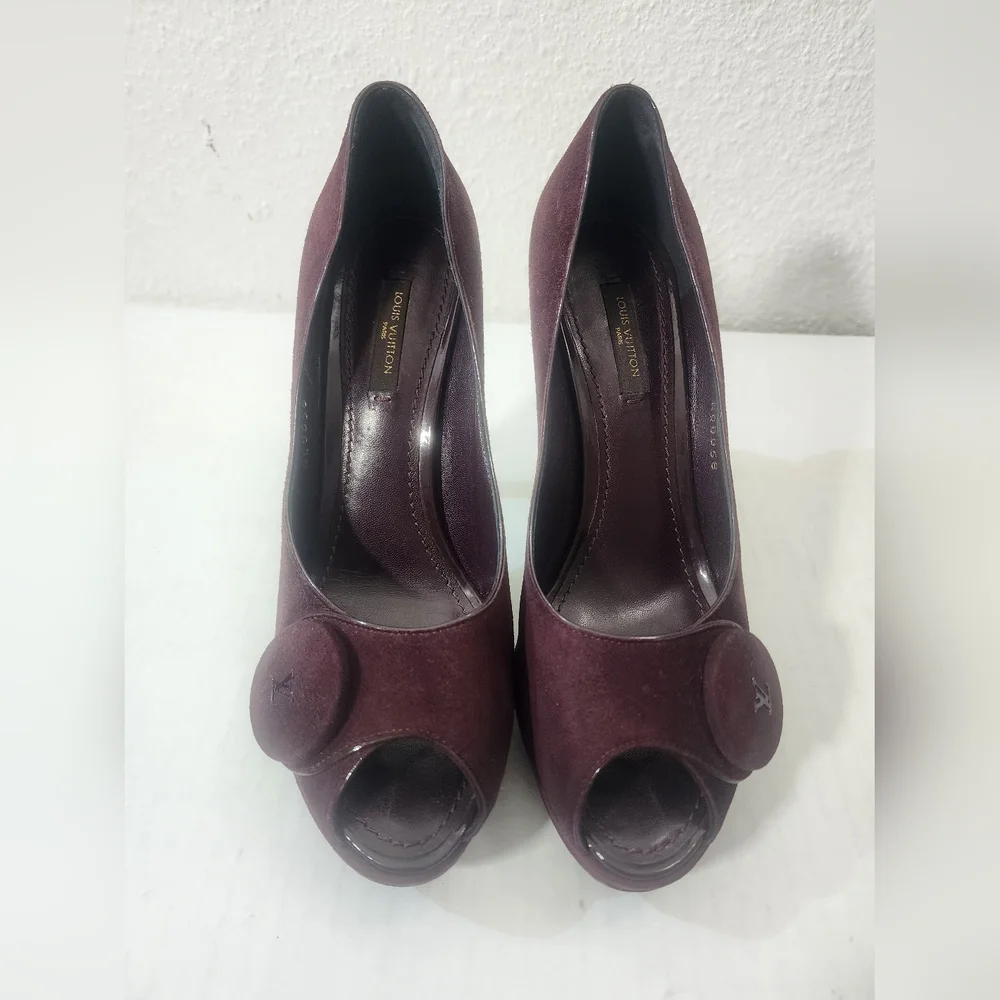 Louis Vuitton Platform Peep Toe Pumps Burgundy Suede Stiletto Heels Size 37